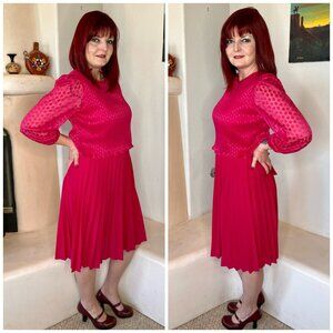 Vintage 80s Fuchsia Pleated Floral Bodice Dress